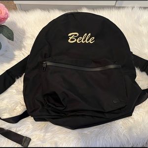 Lululemon Mainstay Water Repellant Backpack With Gold “Belle” Embroidered.